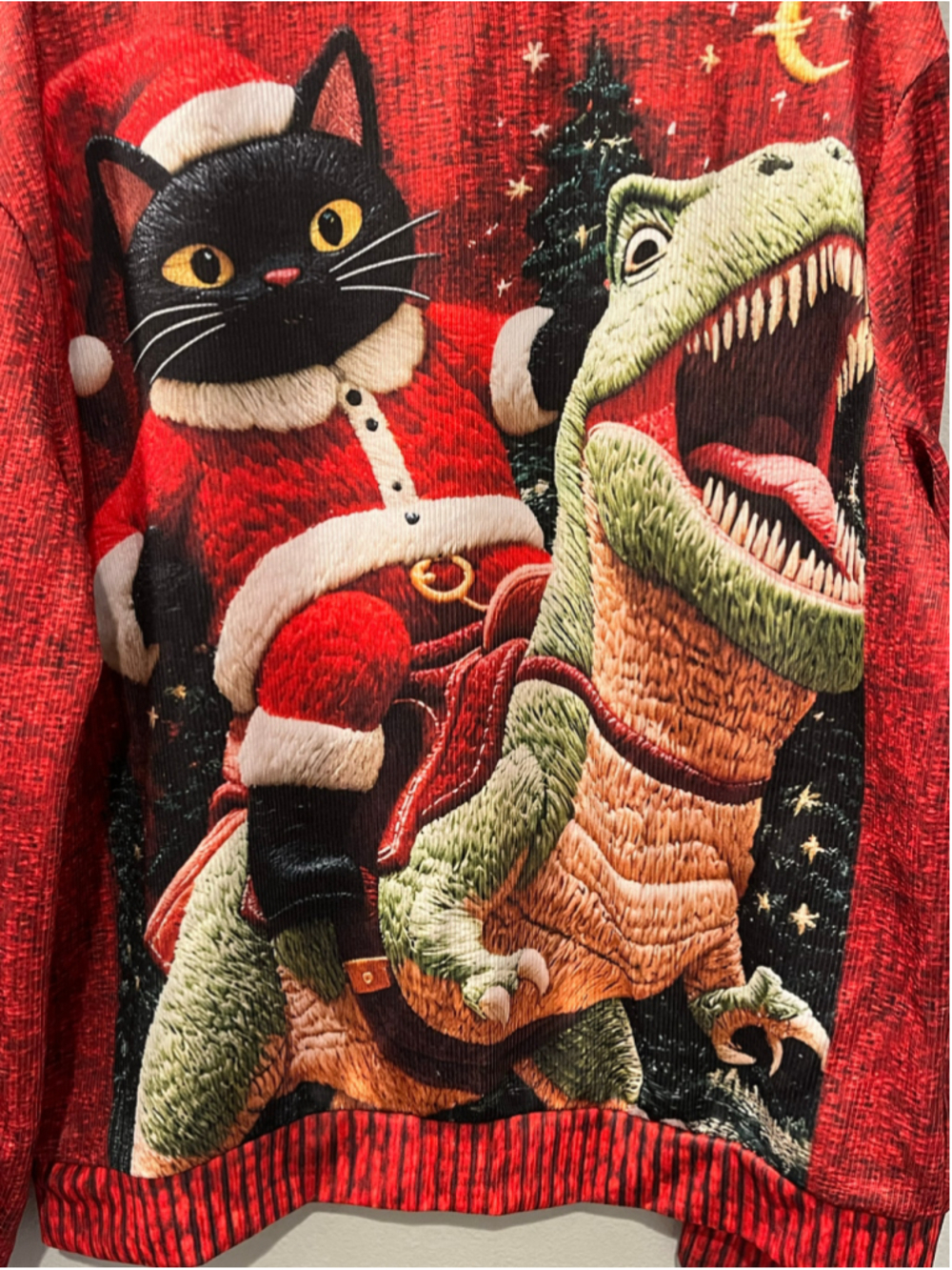 Ugly Christmas Sweater XL Cat Riding T-Rex Santa Funny Holiday Sweatshirt Red - Picture 3 of 7